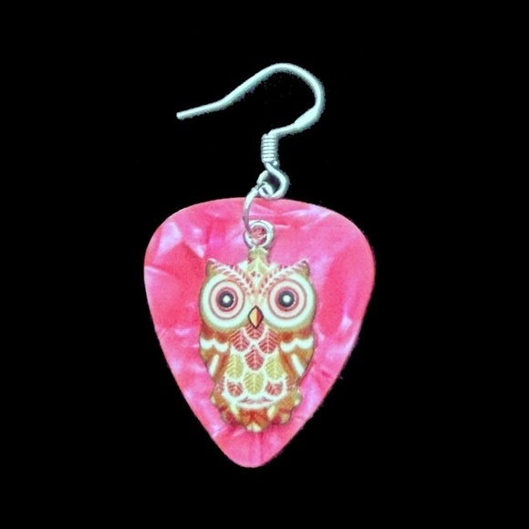 Hand Crafted Earrings Repurposed Guitar Picks Wise is the Owl Silver Plate Wires - Picture 4 of 9